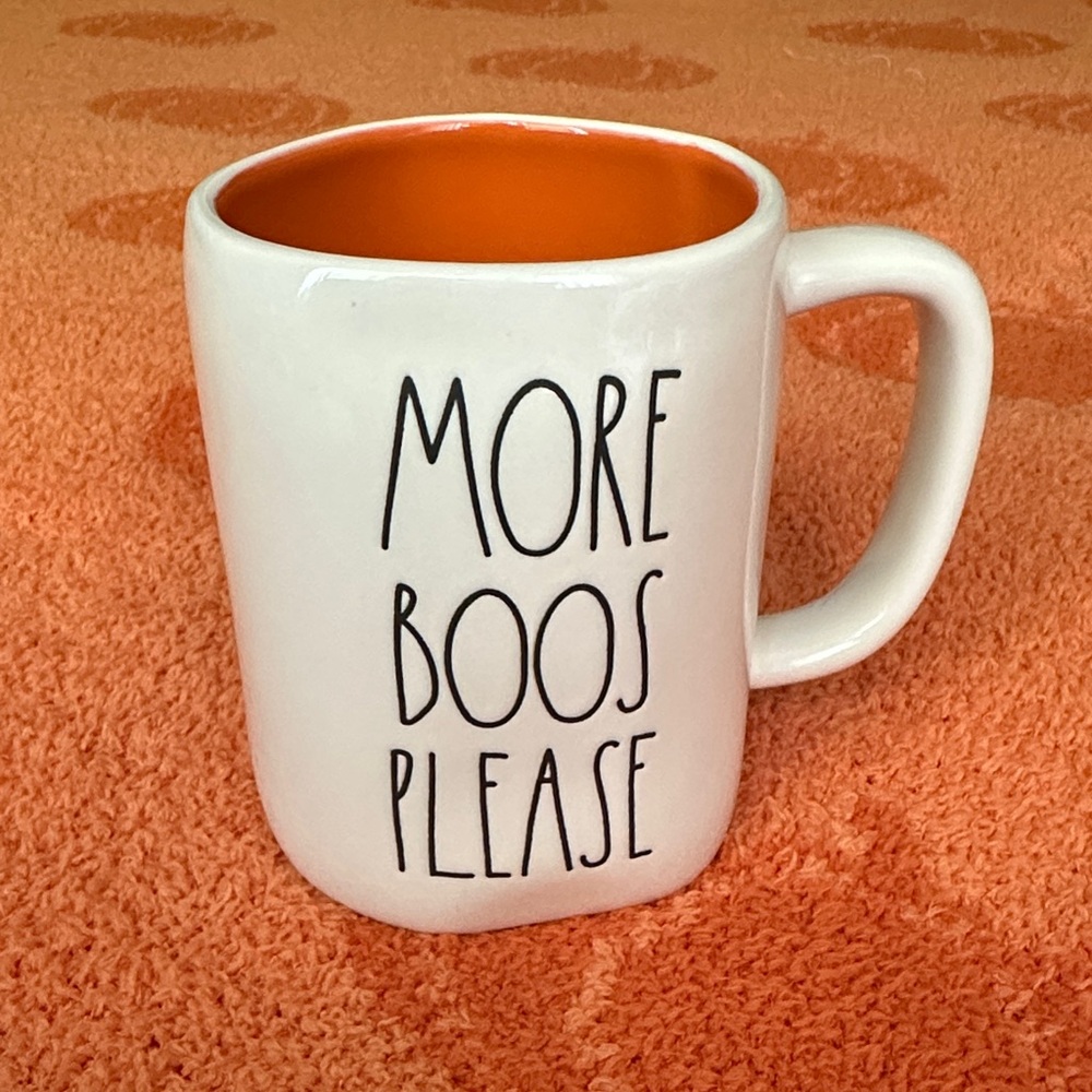 Rae Dunn White Mug with Orange Interior “More Boos Please”